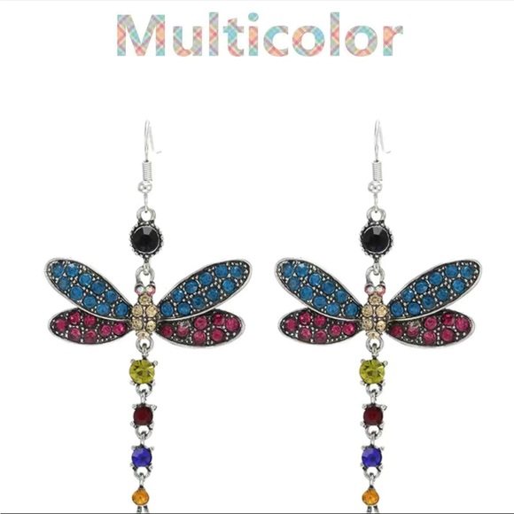 New Vintage Gorgeous Shiny Drop Dragonfly Shape Colorful Zircon Hook Earrings - Picture 4 of 5